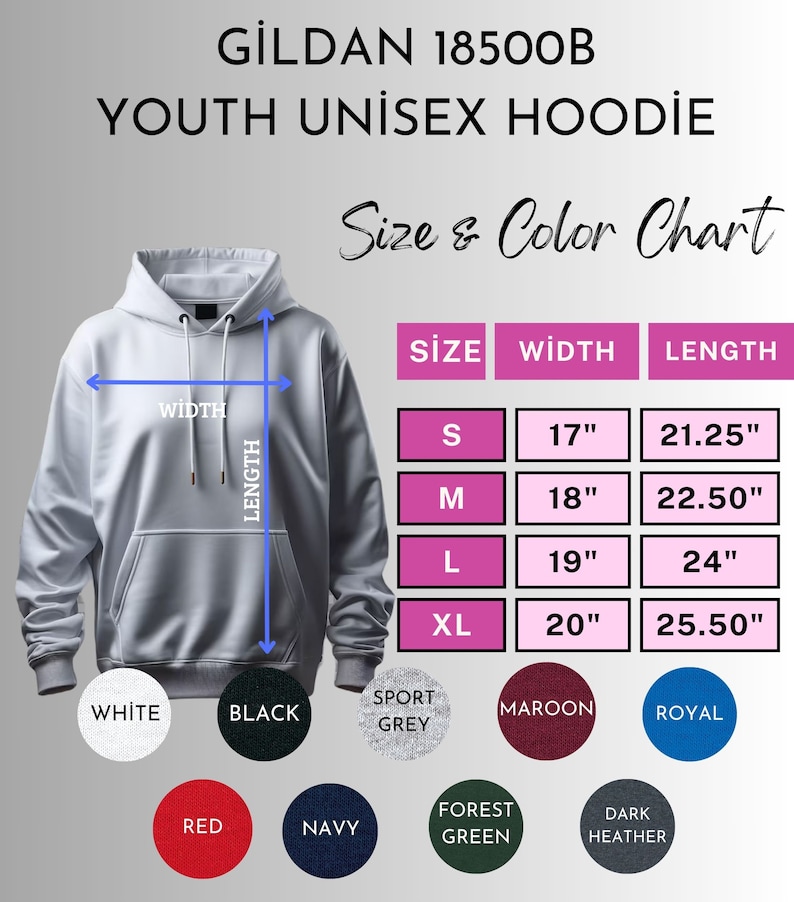 Puede incluir: Una sudadera con capucha unisex juvenil Gildan 18500B blanca. La imagen incluye una tabla de tallas y colores. Las tallas van de la S a la XL, con anchos de 43 cm a 51 cm y largos de 54 cm a 65 cm. Los colores disponibles son blanco, negro, rojo, azul marino, gris deportivo, granate, verde bosque, royal y gris oscuro.