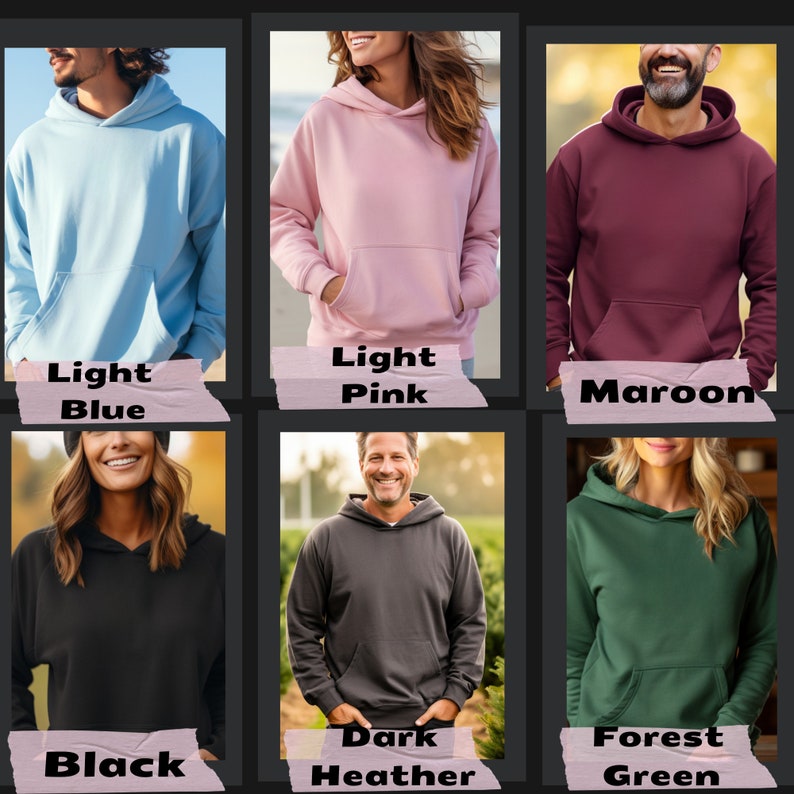 Puede incluir: Colecci&oacute;n de seis sudaderas con capucha en varios colores: azul claro, rosa claro, granate, negro, gris oscuro jaspeado y verde bosque. Cada sudadera tiene un bolsillo delantero y una capucha con cord&oacute;n. Los colores est&aacute;n etiquetados con texto.