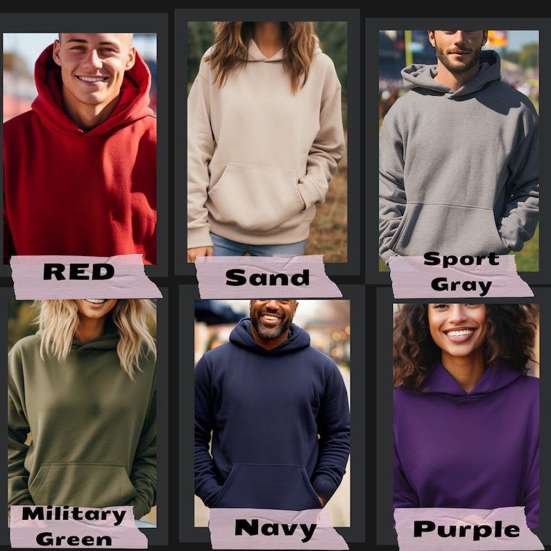 Puede incluir: Colecci&oacute;n de sudaderas con capucha en varios colores, incluyendo rojo, arena, gris deportivo, verde militar, azul marino y morado. Cada sudadera tiene un bolsillo delantero y una capucha con cord&oacute;n. Las palabras "RED", "Sand", "Sport Gray", "Military Green", "Navy" y "Purple" est&aacute;n escritas debajo.