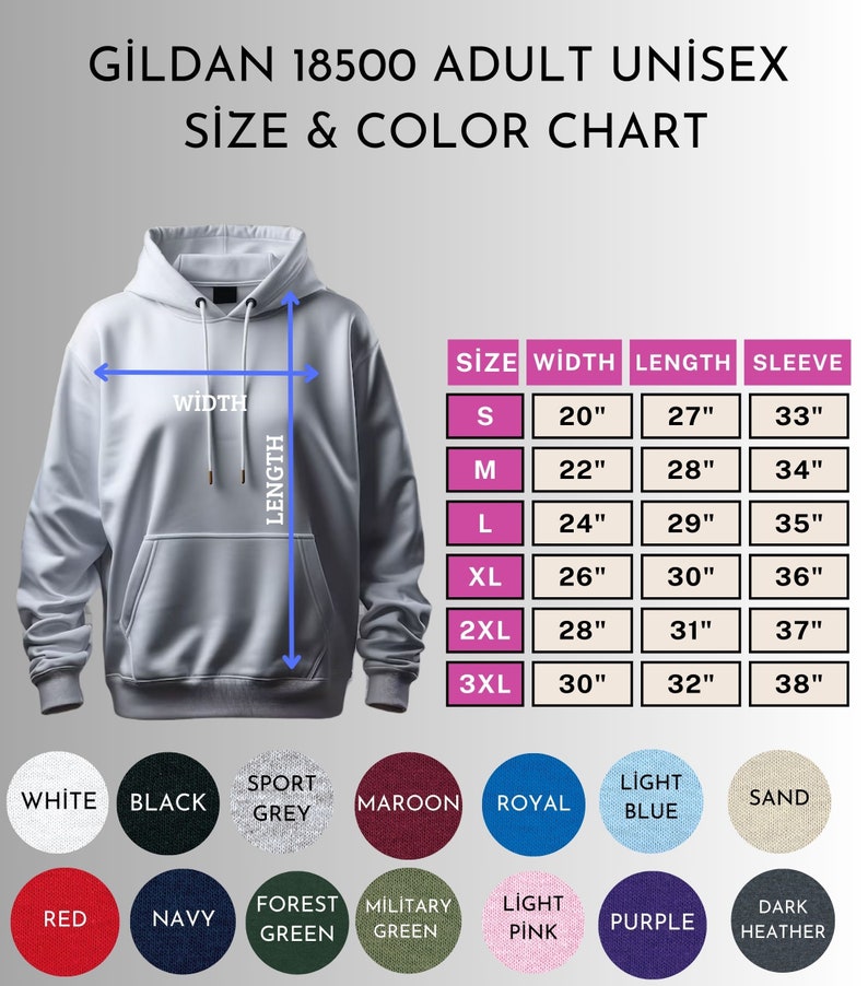 Puede incluir: Una sudadera con capucha unisex para adultos Gildan 18500 blanca con una tabla de tallas y colores. La tabla muestra las medidas en pulgadas para el ancho, el largo y el largo de la manga. Opciones de color: blanco, negro y rojo.