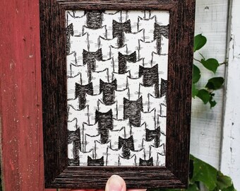 Black and White and Cats Allover - Black and White Cats Framed Illustration - Original Framed Cat Art - Pen & Ink - 4x6"
