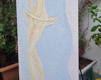 May include: A painting of a stylized figure in a white dress holding two red spheres. The figure is painted in a light yellow color against a blue background with pink and purple accents. The painting is signed "Gwen Gregory 1982" in the lower right corner.