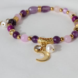 Violet Moon – Amethyst & Rosenquarz Armband mit Mond Gold | Lila Naturstein Schmuck