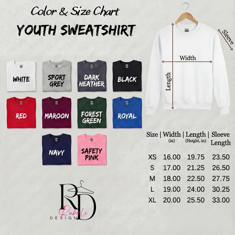 May include: A color and size chart for youth sweatshirts. The chart displays various colors: white, sport grey, dark heather, black, red, maroon, forest green, royal, navy, and safety pink. Measurements are provided in inches for width, length, and sleeve length.