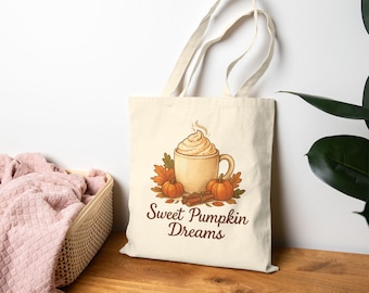 Sweat Pumpkin Dreams Tote Bag, Halloween Cotton Canvas Reusable Shopping Bag
