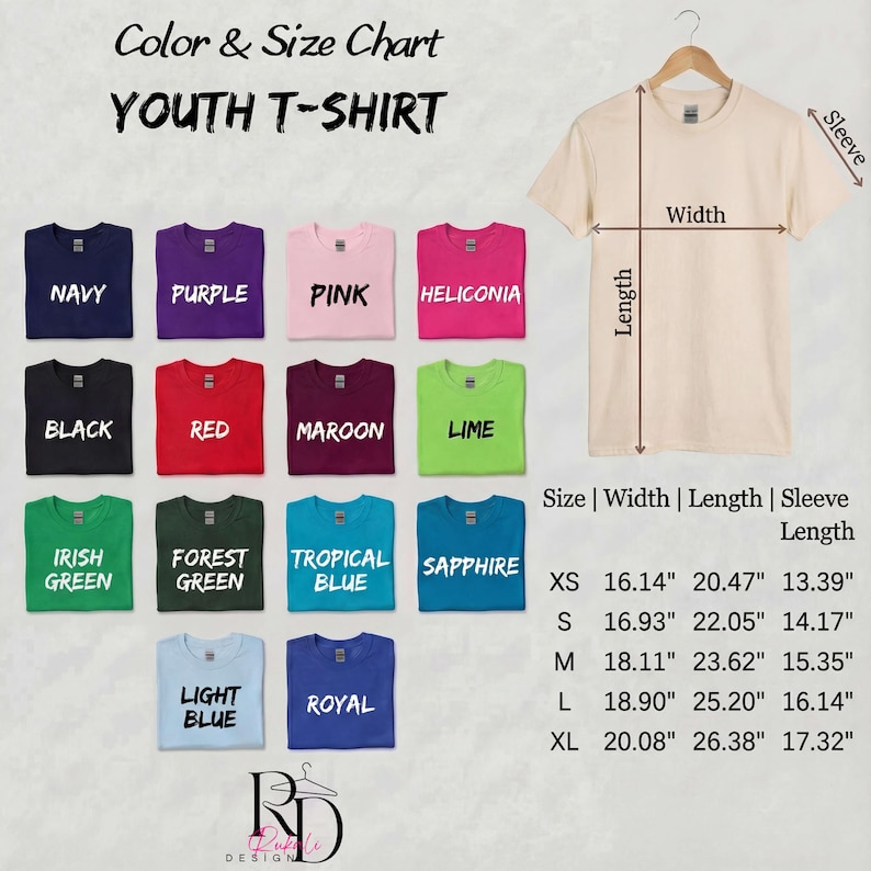 May include: Color and size chart for youth t-shirts, featuring various colors like navy, purple, pink, and black. The chart includes measurements for width, length, and sleeve length in inches for sizes XS to XL. A beige t-shirt is displayed.
