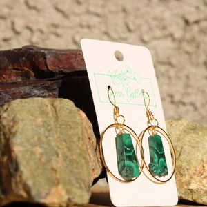 Handcut and polished Malachite Stone with 18k Gold Plated MiniHoop Earrings Inside Gold Tarnish Resistant Hoops