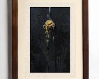 May include: A framed art print featuring a close-up of spaghetti on a fork against a dark, textured background. The pasta is a golden yellow color, and the fork is silver. The frame is a dark brown color.