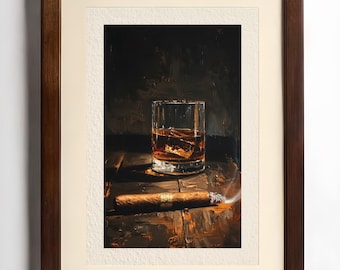Whiskey and Cigar Oil Painting Print | Gentleman's Lounge Art