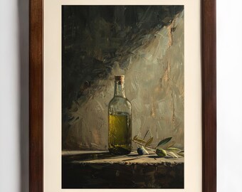 May include: A framed art print featuring a still life of an olive oil bottle with a cork stopper. The bottle is filled with yellow-green oil, and olive branches and olives are next to it. The artwork has a dark, textured background.