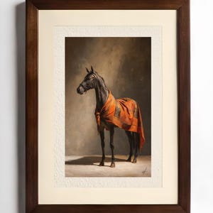 エルメスのオレンジ色の馬場馬術の油絵、黒い種馬のキャンバスアート