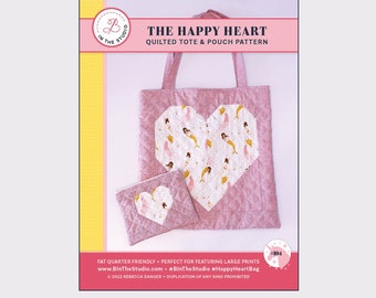 Het Happy Heart gewatteerde Tote en Pouch Bag naaipatroon Instant Download door Rebecca Danger voor B In The Studio | Patroon van een quilttas