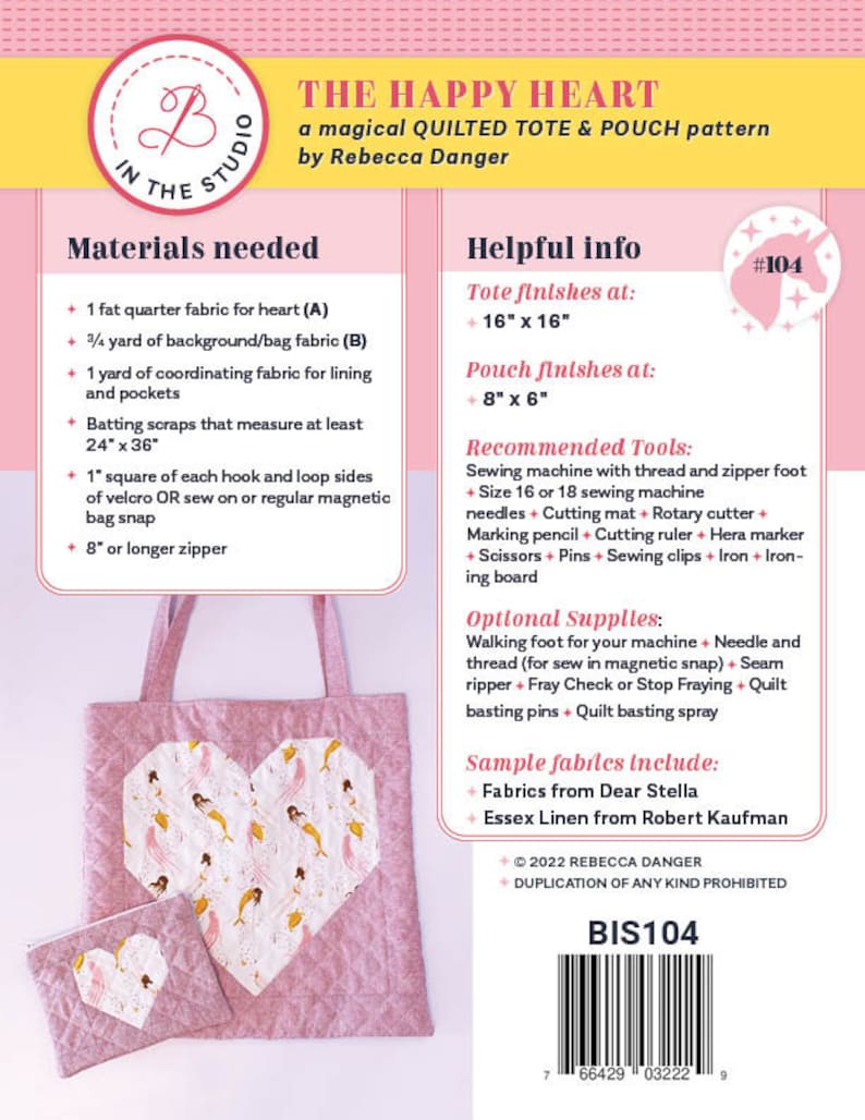 The Happy Heart Quilted Tote and Pouch Bag Sewing Pattern Instant Download By Rebecca Danger For B In The Studio Quilt Bag Pattern image 2