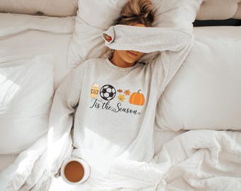 Sudadera con temática de otoño, ropa para fanáticos del fútbol, cuello redondo acogedor con gráficos otoñales, perfecta para el día del partido, fanáticos del fútbol y ropa informal.