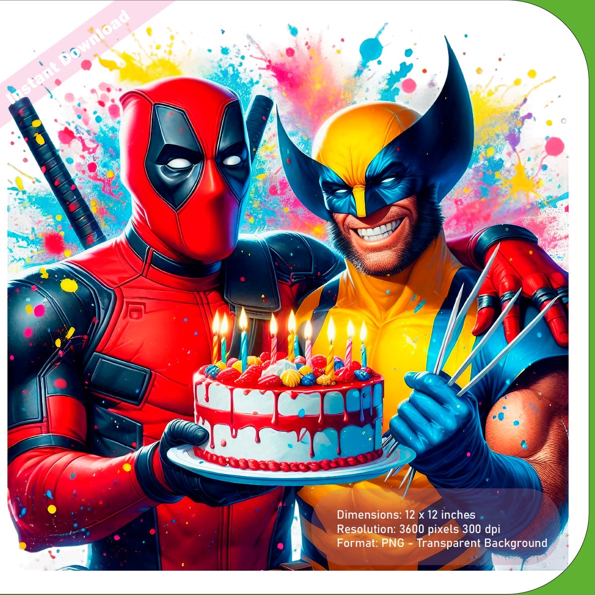 Deadpool Wolverine Birthday Cake Splash Watercolor PNG Aesthetic