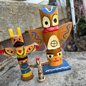 Carved totem Authentic colorful totem poles, Indigenous story tellers, souvenir totem poles, wood totem poles, cabin decor, TwoSwansSwimming