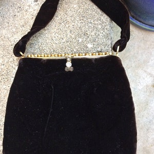 Fancy Black velvet purse trimmed with sparkly rhinestones, vintage purse, evening bag, clutch, handbag, Black tie optional, TwoSwansSwimming
