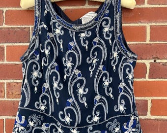 Navy beaded Silk Tank Top size 12: Vintage Adrianna Papell  top