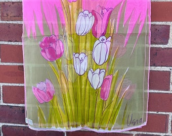 Tulips scarf Vera Neumann,Happy spring, long narrow Vera scarf, Vintage Vera scarf, silk Vera scarf, Pastel Tulips scarf, TwoSwansSwimming