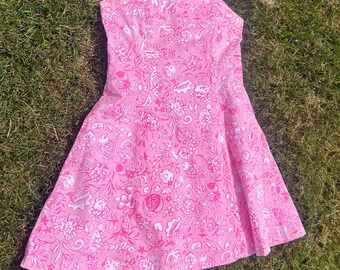 Vintage Pink Lilly Halter Dress: Tropical Print Sundress