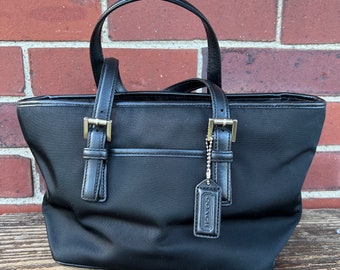 Vintage Coach Black Nylon Tote Bag: Leather Trim Top Handle