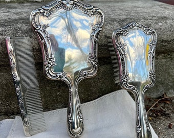 Gorham Sterling repose' floral vanity set, Mirror, brush and comb, antique Gorham dressing table accessories, hairbrush, mirror, comb