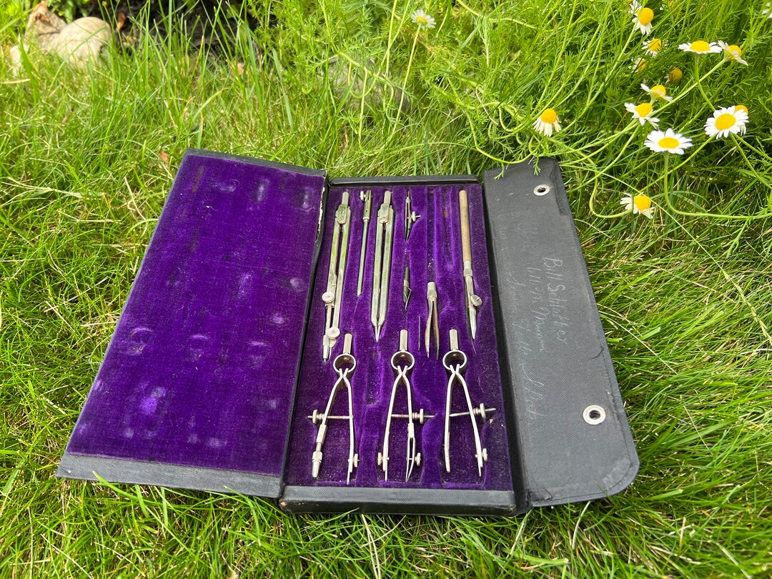 Old Leather Box of German Drafting Tools, Antique Compass Set, Drawing