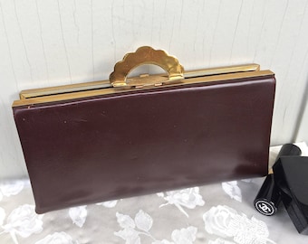 Sleek chocolate brown Art Deco, Evans clutch purse, gold scalloped clasp, vintage purse, vintage clutch, Evans purse, TwoSwansSwimming