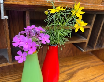Hand Blown green and orange glass Bud Vases: Table Decor