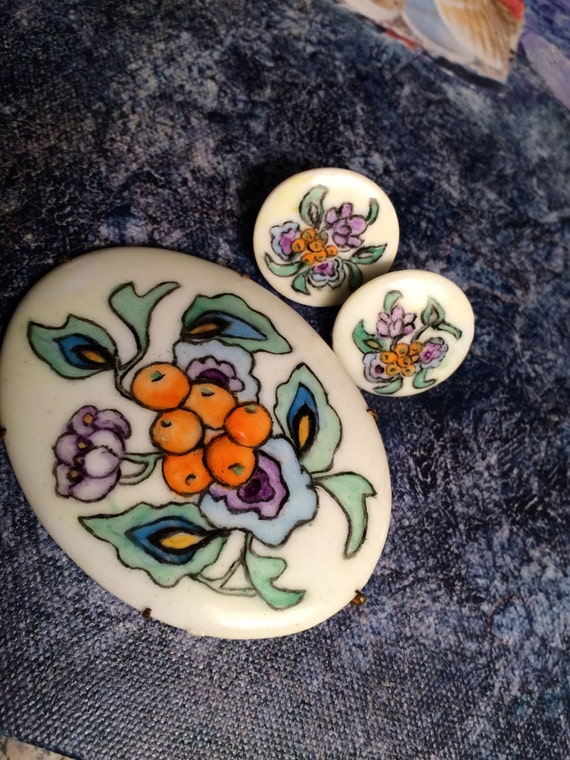 Hand painted China pin and earrings, Hand painted 