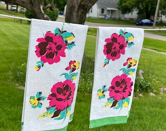 1950s Cottage core flowered kitchen towels:red and green roses, styled in Paris