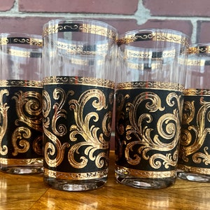 Black & Gold Baroque Highball Glasses - Vintage Culver Barware Set of 6