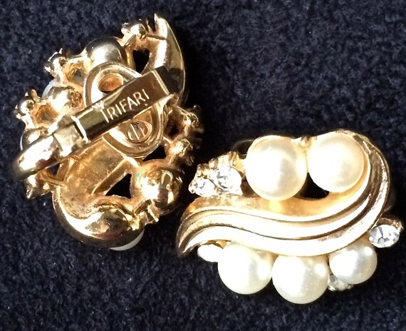 Trifari pearl and rhinestone earrings, bridal ear… - image 2