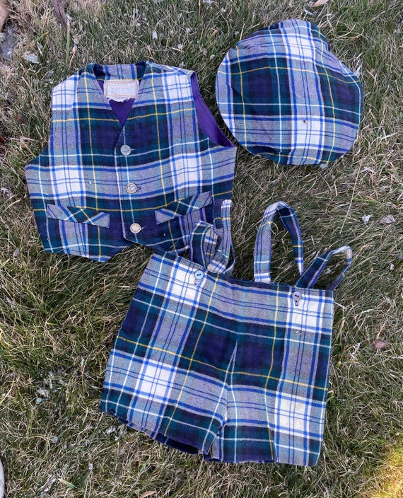 Little boys plaid shorts, vest and hat, toddler p… - image 1