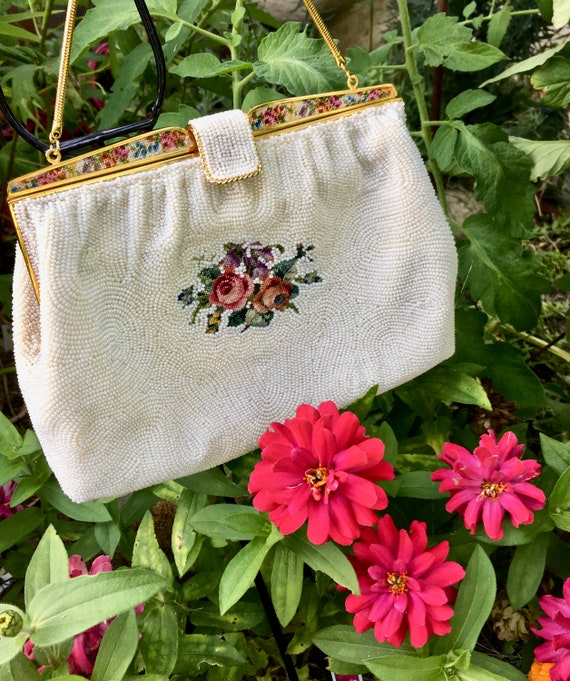 White Beaded Needlepoint Bag Perfect for a Bride Vintage 