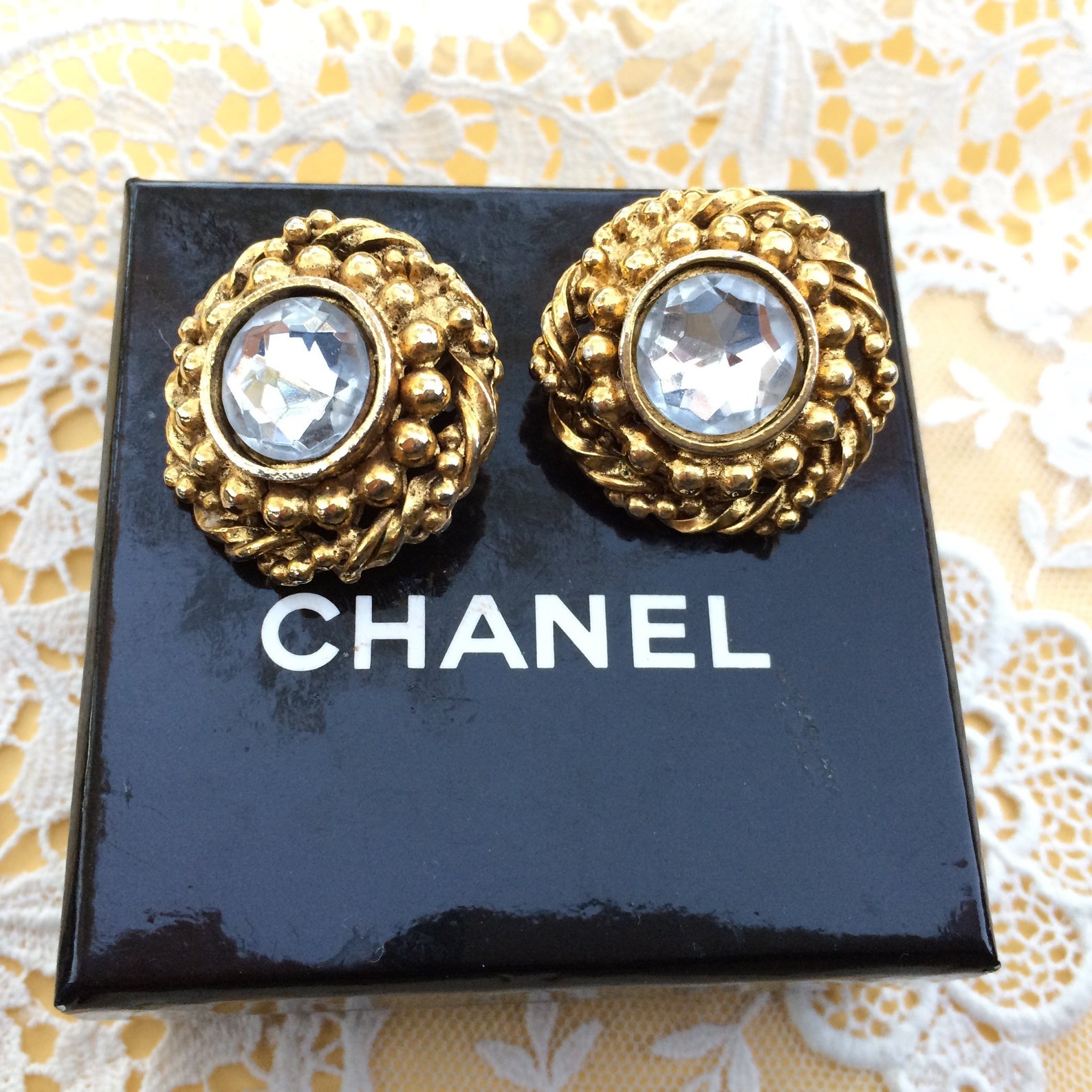 Vintage Chanel earrings Crystals set in gold clip-on Chanel | Etsy
