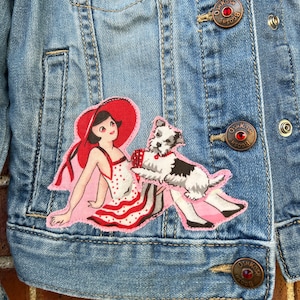 Girlie Up cycled denim jacket, little girls, puppies. jacket trimmed with lace, little girls jacket, size 6x,birthday gift, TwoSwansSwimming