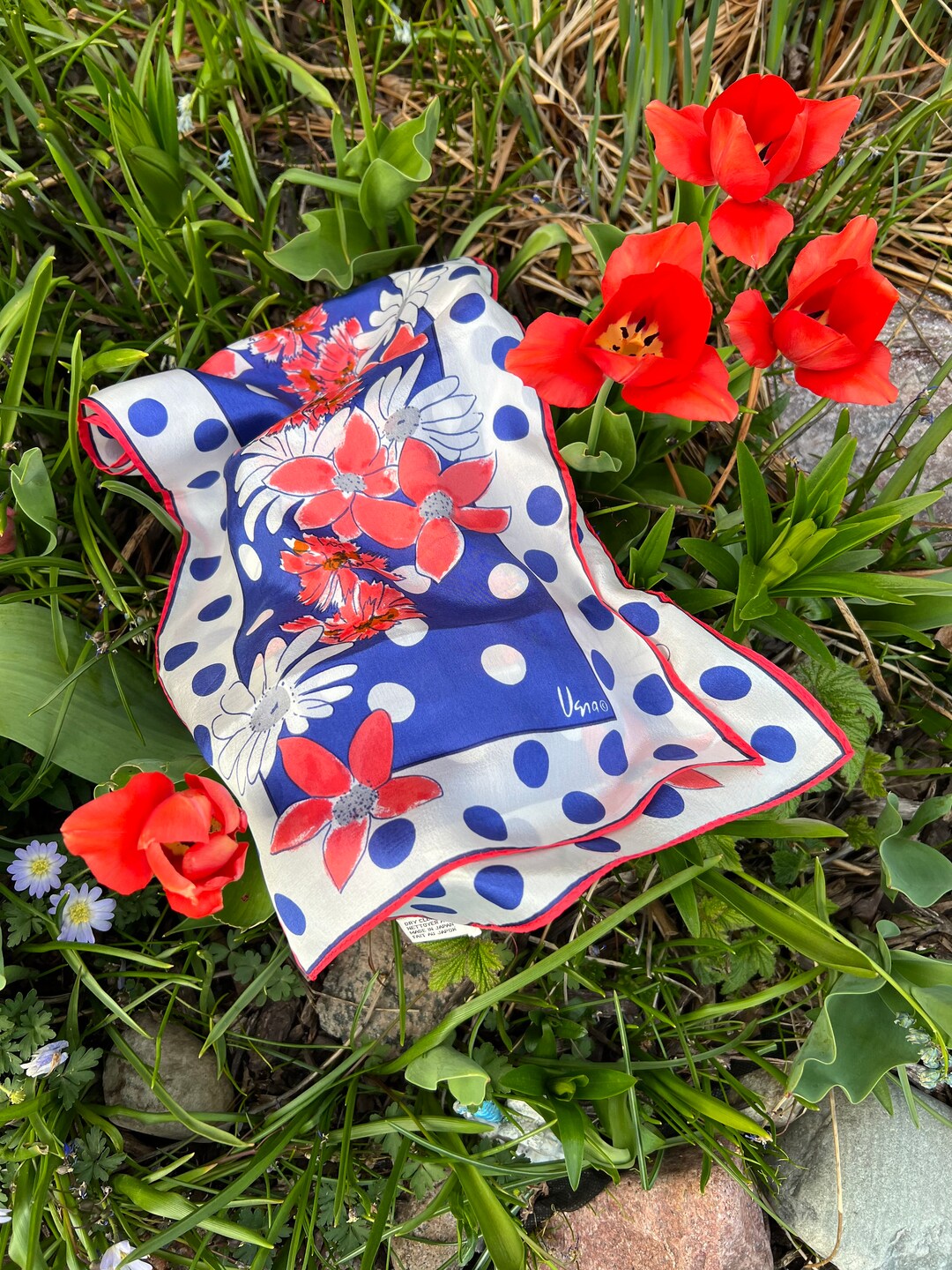 Vera Neumann Silk Scarf Pink Flowers Blue Polkadots Vera - Etsy