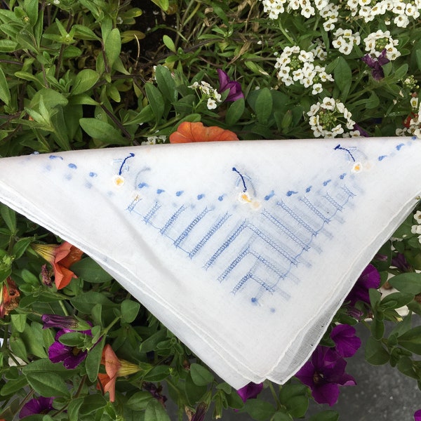 White cotton handkerchief with blue embroidery, perfect for a bride, something blue, vintage hankie, ladies hankie, wedding handkerchief