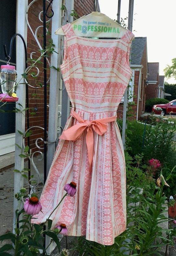 Peach vintage dress with peach sash, prom dress, v