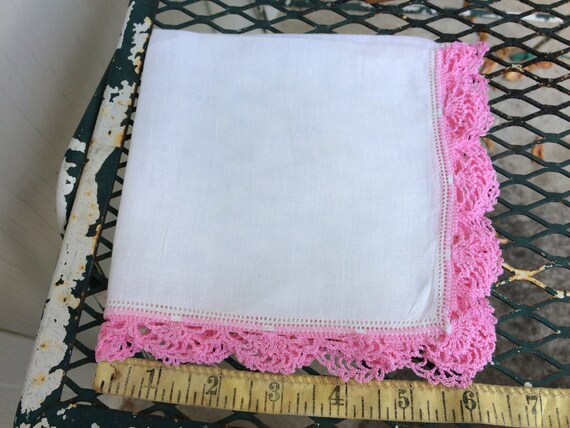 Pink crocheted  lace on a pretty white hankie, ha… - image 3