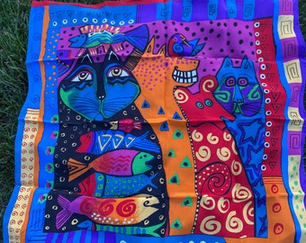 Kitty cat scarf, Laurel Burch whimsical silk scarf, vintage scarf, ladies accessories, ladies scarf, Cat lovers gift, TwoSwansSwimming