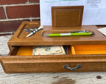 Mid Century Modern teak Wood Dresser Valet: Vintage Desk Organizer