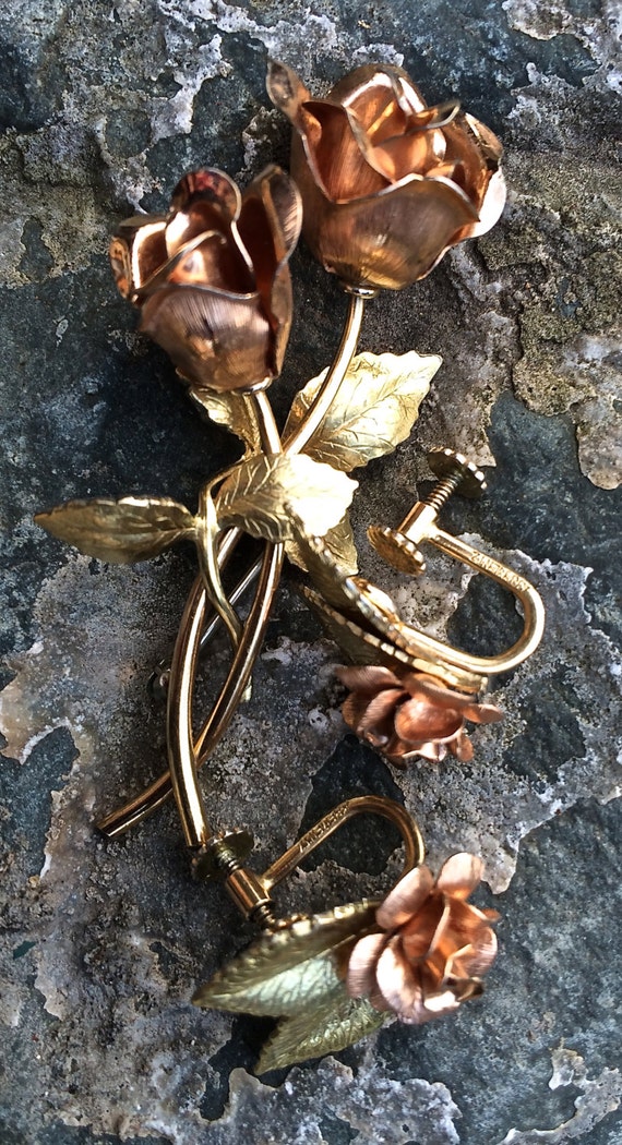Krementz roses, gold filled earrings and pin, Kre… - image 2