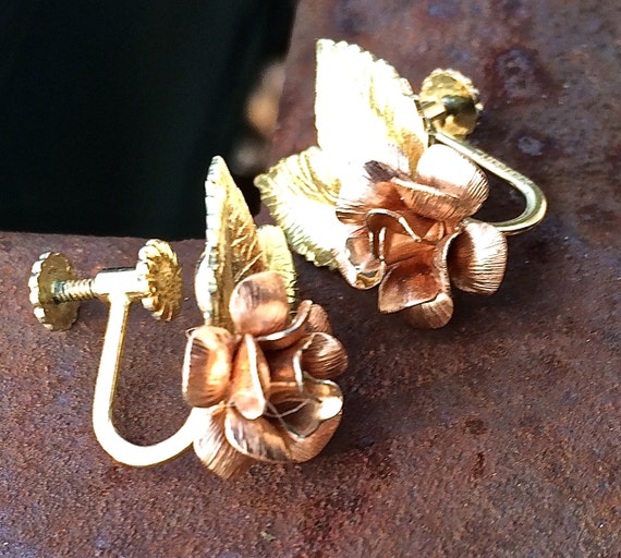 Krementz roses, gold filled earrings and pin, Kre… - image 1