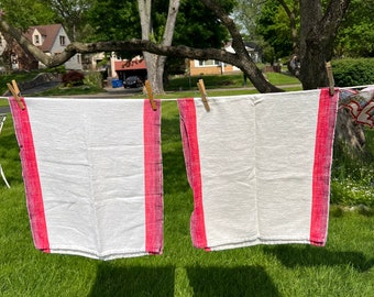 red and white linen towels, natural linen with stripes of red, vintage Hand towels, linen towels, linen runners, vintage  kitchen towels