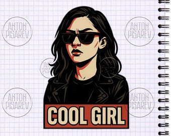 Könnte beinhalten: Eine digitale Illustration einer Frau mit dunklen Haaren, die eine Sonnenbrille und eine schwarze Lederjacke trägt. Der Text "COOL GIRL" ist in Weiß auf einem roten Banner gedruckt.