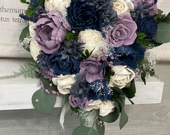 Lavender, Navy and Ivory Wedding Bouquet - sola flowers - choose your colors - Custom - Alternative bridal bouquet - bridesmaids bouquet