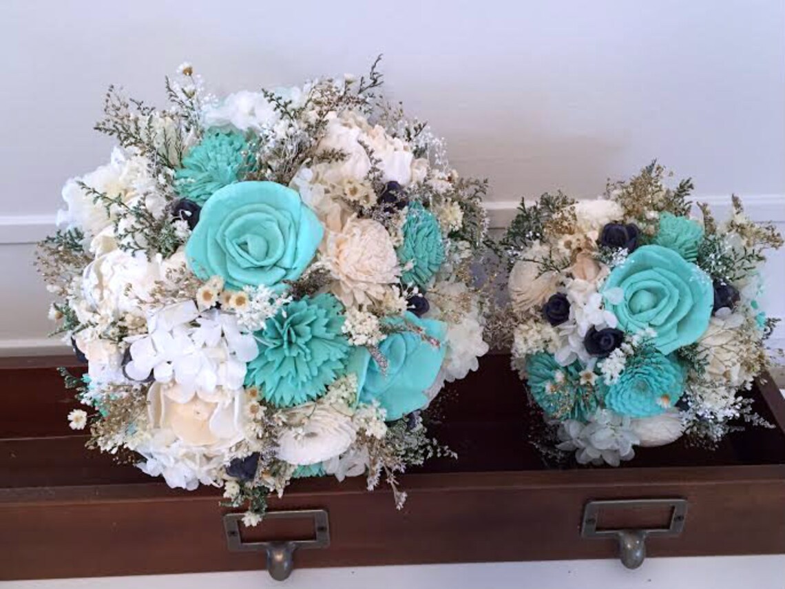 Teal Aqua mint Navy Wedding Bouquet sola flowers image 1