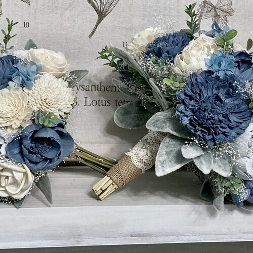 Dusty Blue Sola Wood Flower Bridal Bouquet Slate Blue Wedding Etsy